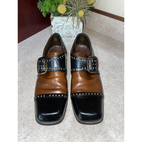Vintage Handmade Two-Tone Leather Studded Monk Strap Dress Shoes Black & Brown - Picture 7 of 11